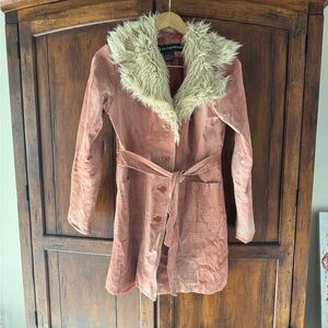 Vintage Pink Suede Penny Lane Trench Coat with Faux Fur Collar